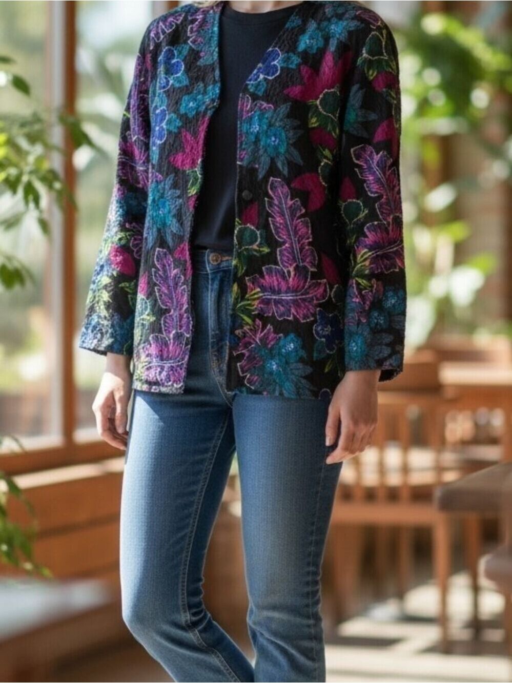 My Pieces Black Floral Jacket Women's Large Vintage